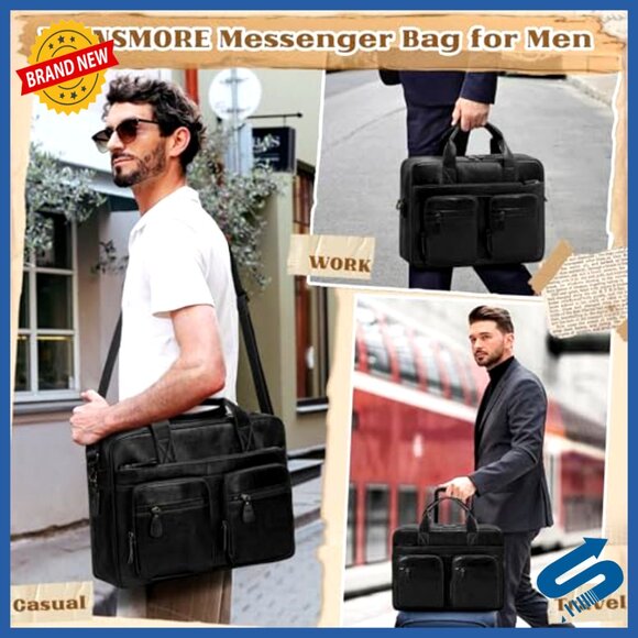 Vintage Messenger Bag PU Vegan Leather Laptop Briefcase Retro Travel Work - Picture 2 of 6